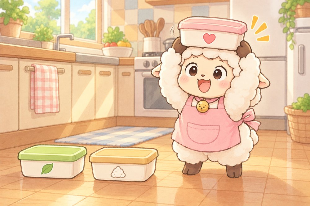 お弁当箱を頭にのせて重さを確かめるひつじのナビ助