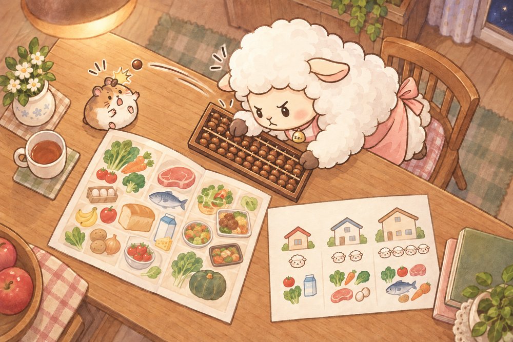 そろばんで世帯ごとの食費を比べるヒツジのナビ助