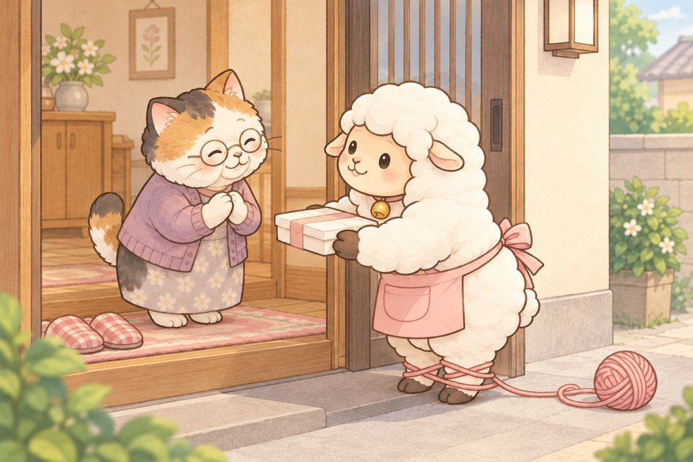 お弁当を届けながら様子を見守るヒツジのナビ助
