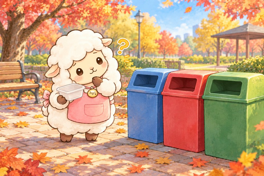 公園で3つのゴミ箱の前で分別に迷うひつじのナビ助