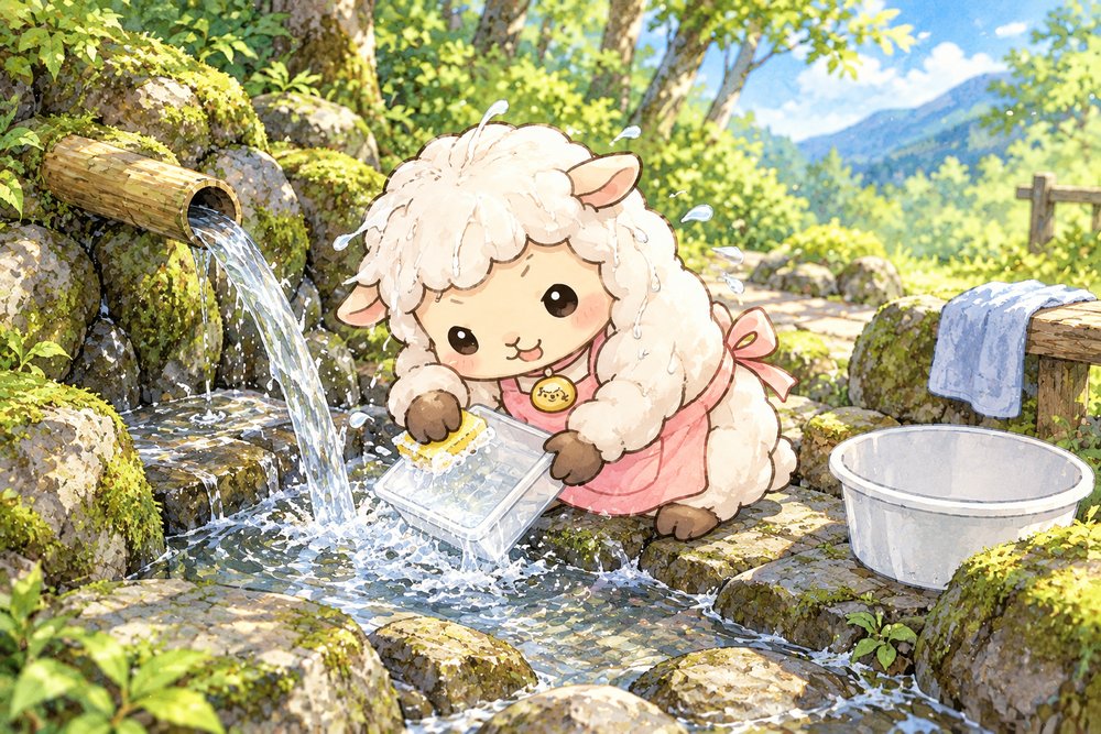 山あいの湧き水で容器を洗うひつじのナビ助