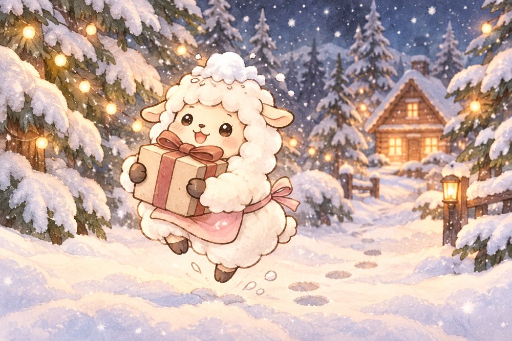 雪の森でリボンつきの包みを受け取ってジャンプするヒツジのナビ助