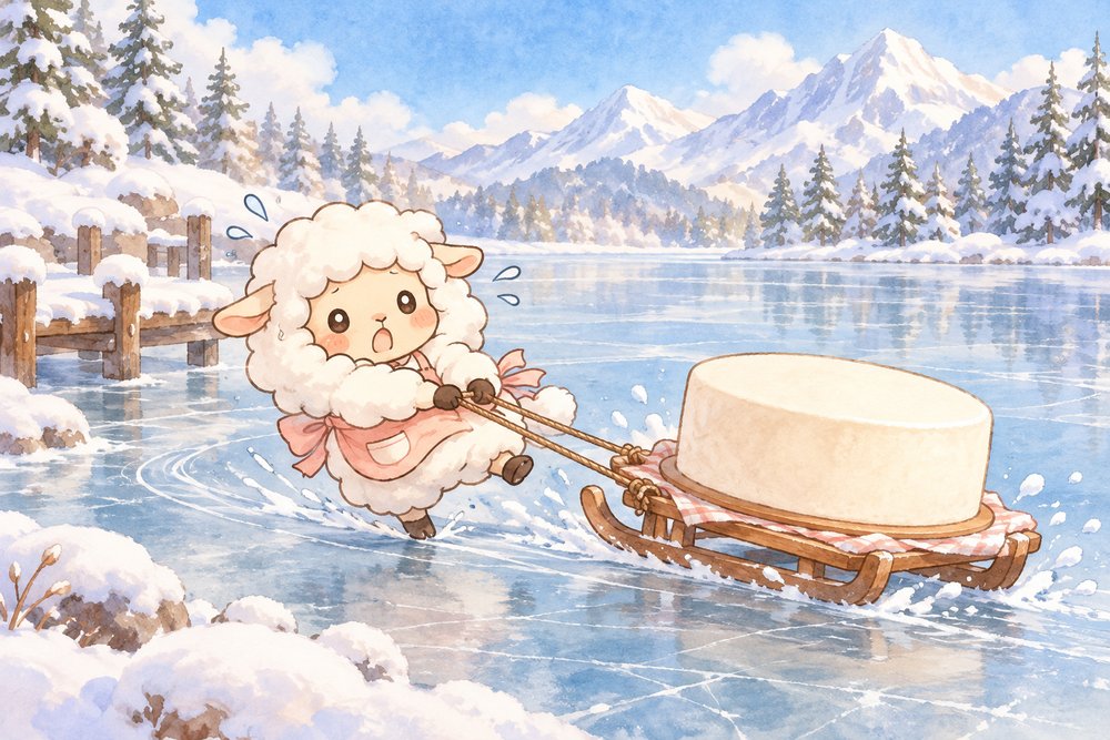 凍った湖でケーキを載せたそりにひっぱられるヒツジのナビ助