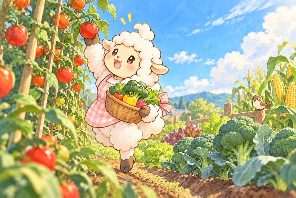 菜園で色とりどりの野菜を収穫するひつじのナビ助