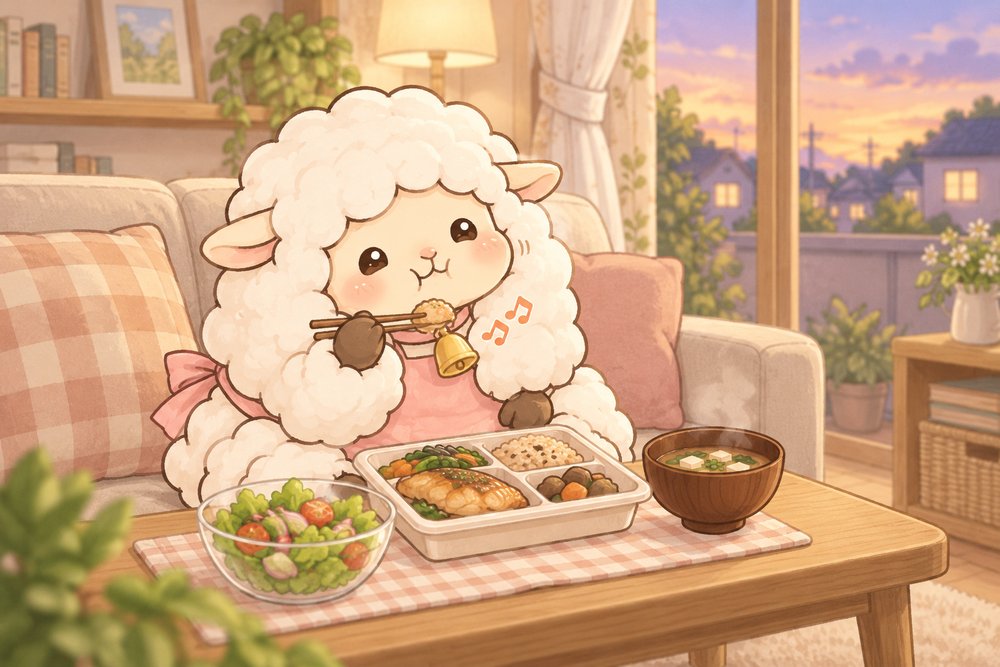 サラダとみそ汁をそえて宅配弁当を食べるナビ助