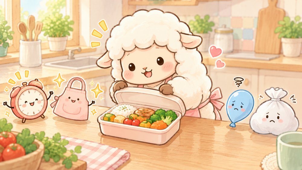 弁当トレーをのぞきこんで良い点と気になる点を確かめるヒツジのナビ助